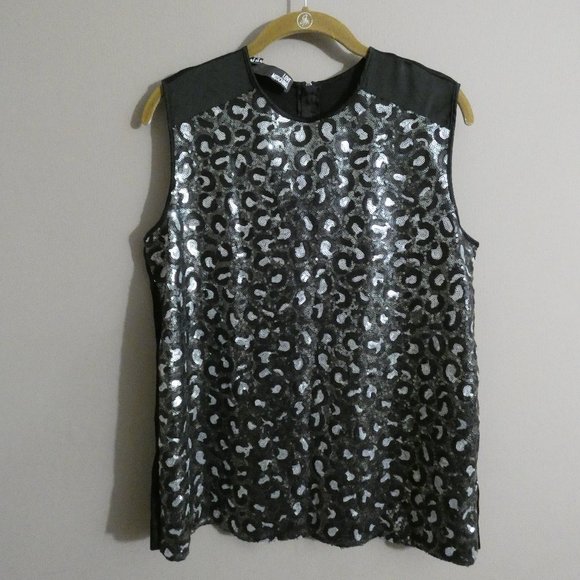 Love Moschino Size 10 Sequin Tank Top Black Leopard Print Sleeveless Metallic - Picture 1 of 9